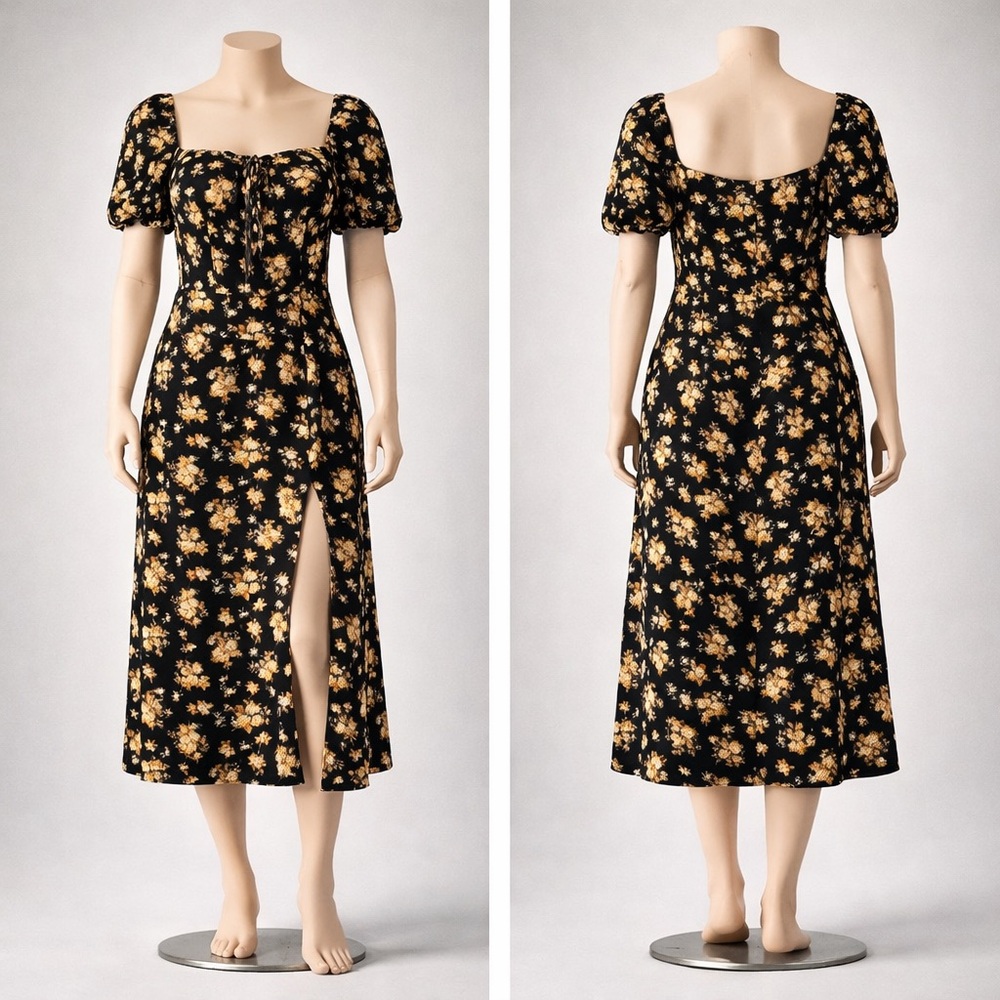 Floral Puff-Sleeve Midi Dress in Black and Mustard